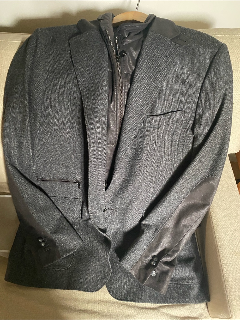 Corneliani Dark Charcoal Gray Coat with Elbow Patches. Removable under attachmen